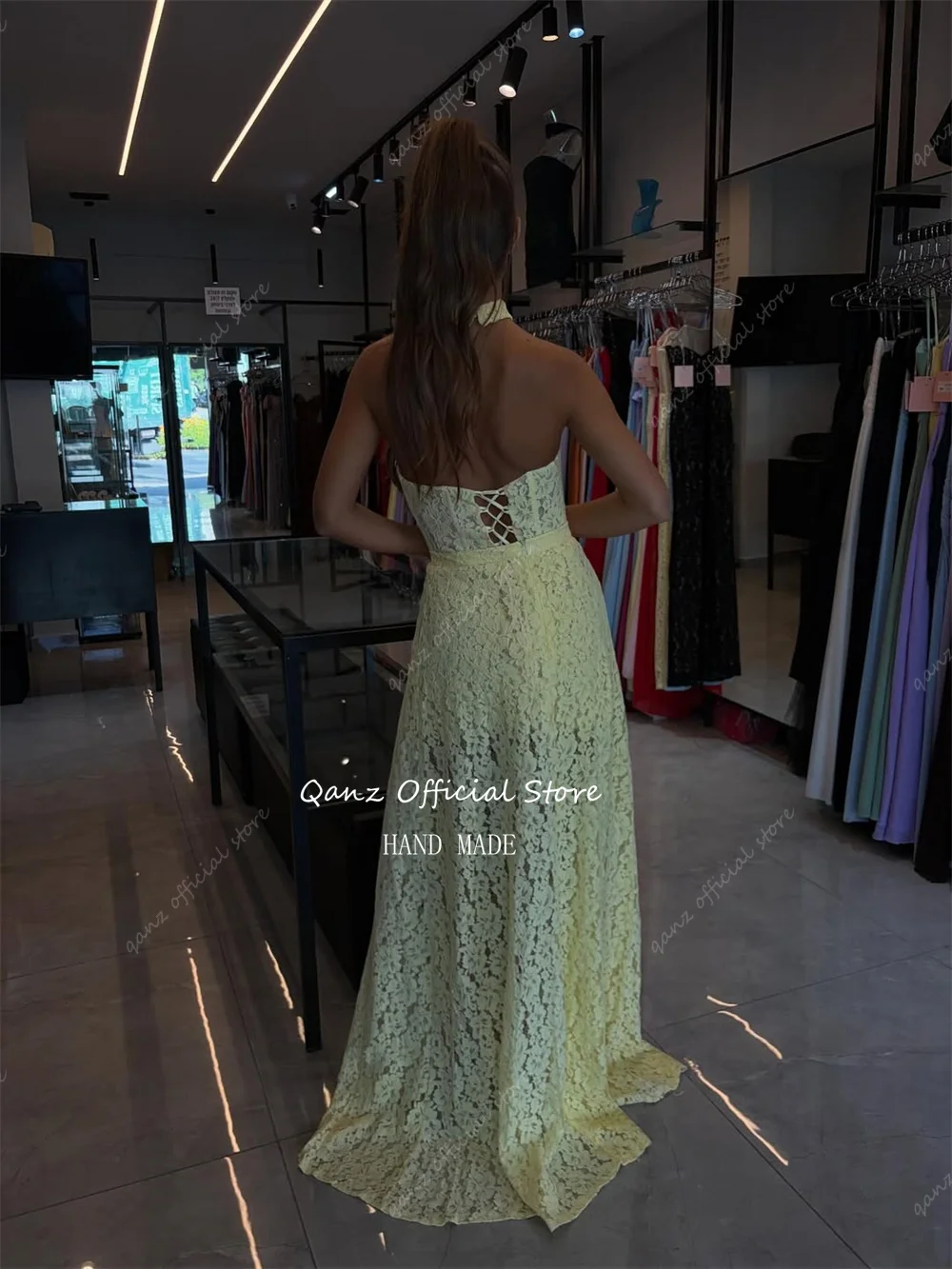 فساتين سهرة دانتيل ساحرة من Qanz مزينة باللون الأصفر رداء صغير De Soirée قابل للانفصال ذيل طويل رداء حفلات قصير مخصص