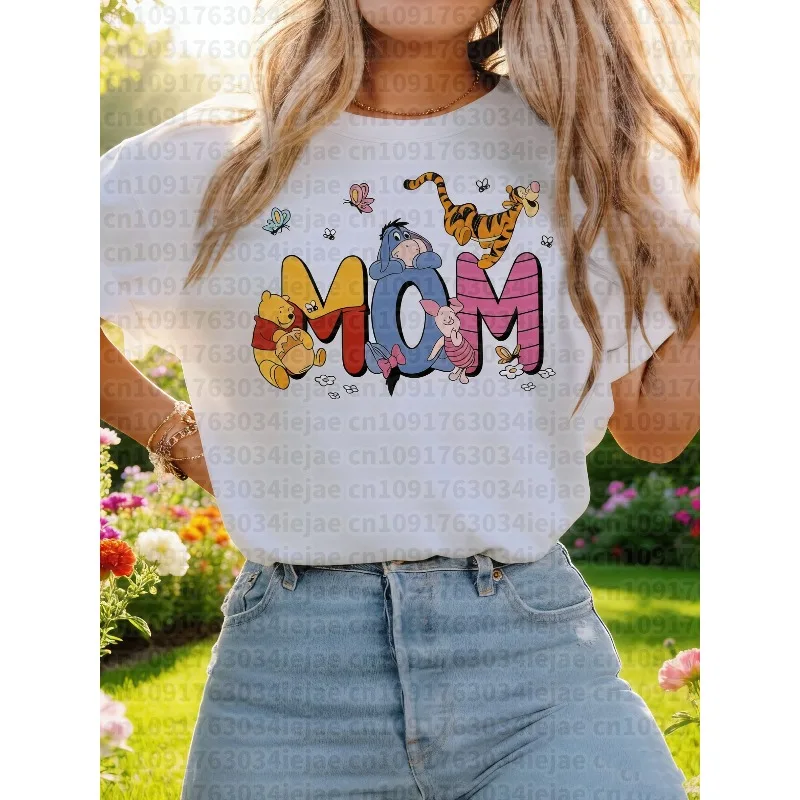 2025 الصيف ديزني ويني ذا بوه الدب أمي النساء الرجال 100% القطن تي شيرت مطبوع للجنسين المتضخم زوجين عادية خمر القمم