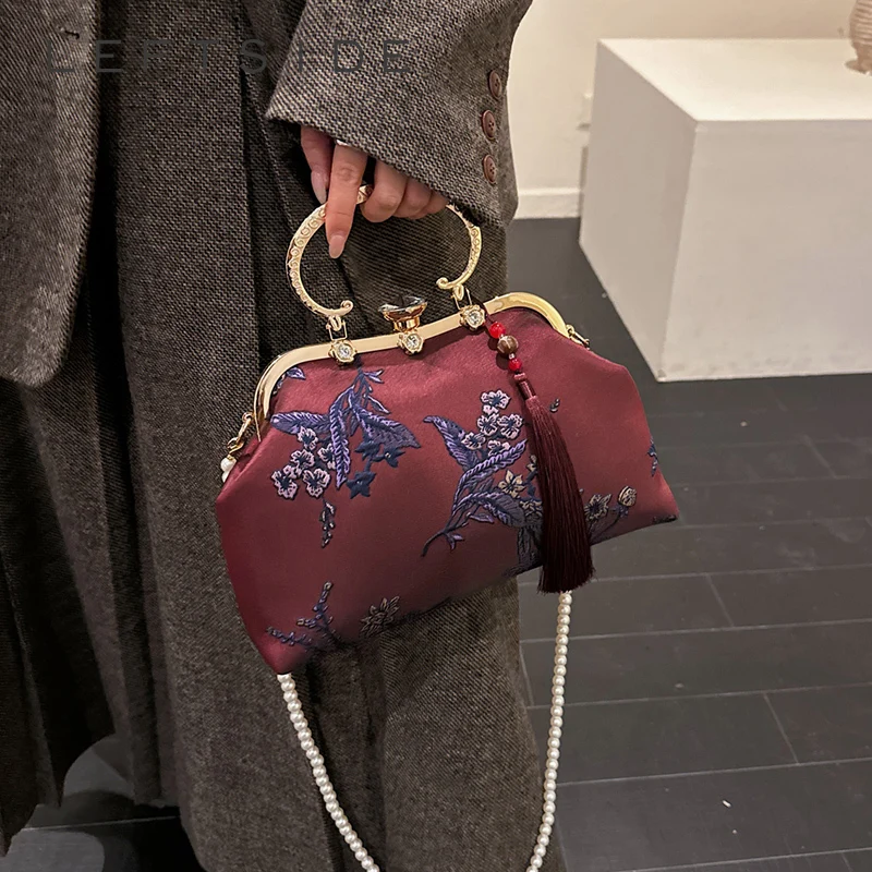 

LEFTSIDE Handbag with Floral Print Gold Ring Handle with Rhinestones & Pearl Chain Tassel Decor Women's Evening Clutch Purse