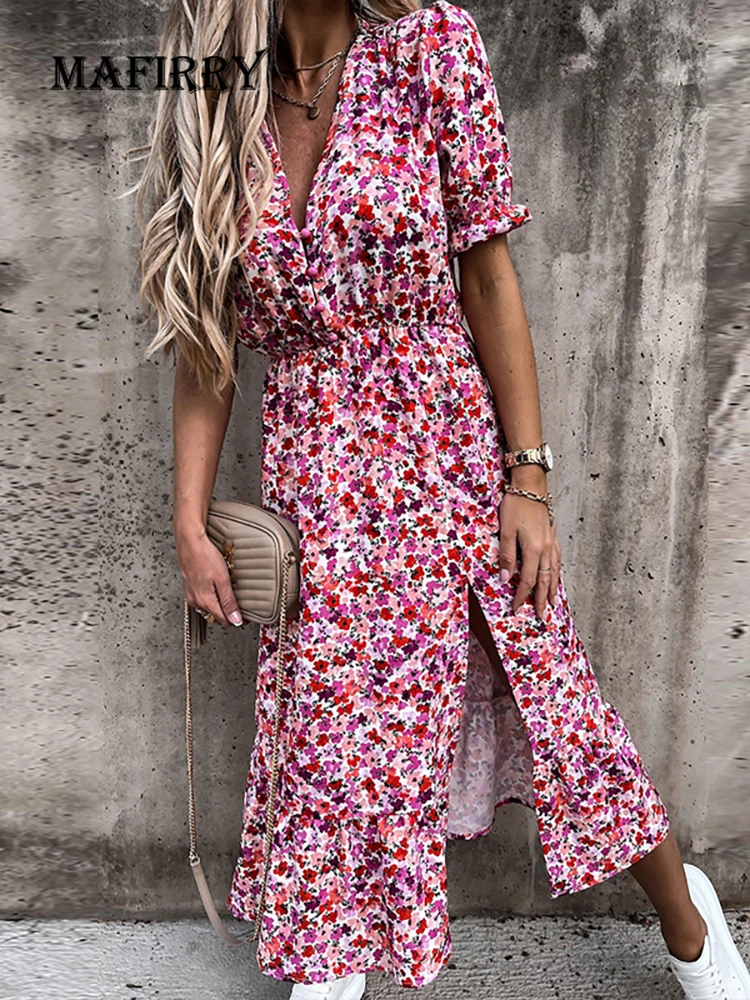 2023 Summer New Floral Pattern Slim Dress Casual Short Sleeve High Waist Dress Female Sexy V Neck Outdoor Colorful Dress Vestido