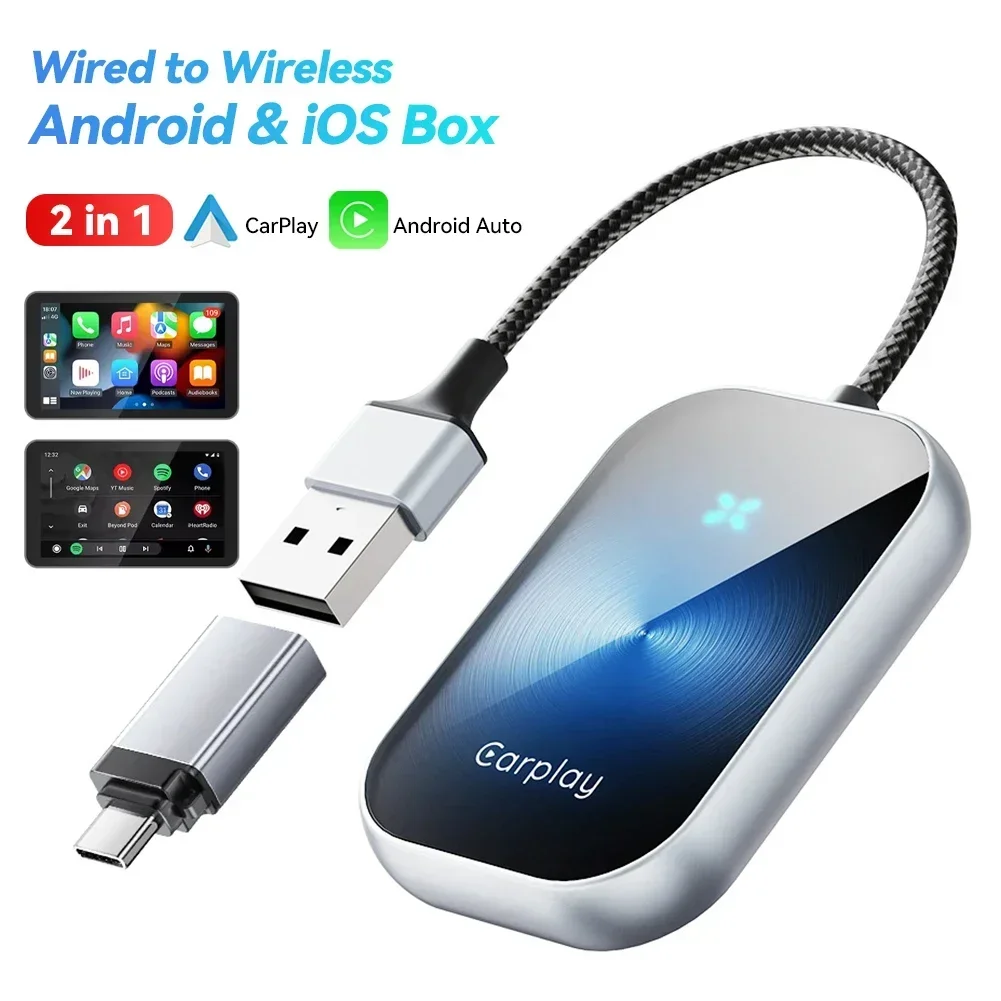 2 in 1 Car Android Auto Carplay Box Wired To Wireless Adapter Bluetooth Smart Carplay Plug And Play Ai Box For IOS Android