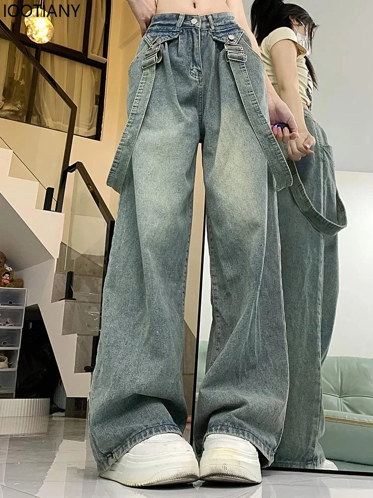 Womens High Street Gothic Y2k Jeans Ladies High Waist Blue Vintage Hip Hop Bib Jeans American Street Style Loose Wide Leg Pants