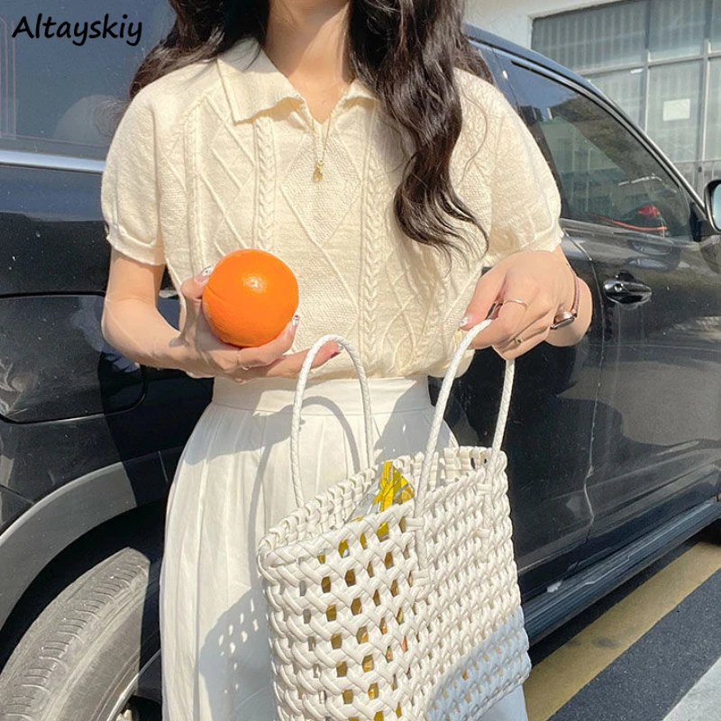 

Pullovers Women Slim Tender College Simple Summer Sweet All-match Ulzzang Chic Popular Daily Design Pure Korean Style Feminino