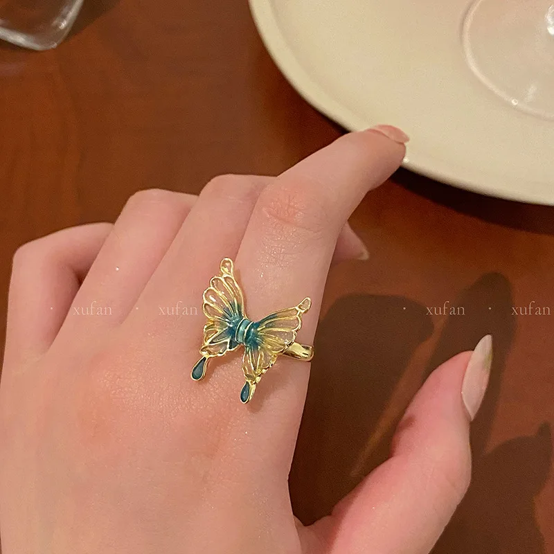 Fashion Butterfly Ring Gradual Drip Oil Opening Adjustable Ring Birthday Party Holiday Jewelry Gift Accessories