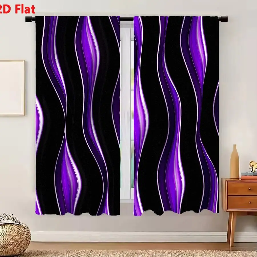 2Pcs Curtains Add 2D Flat Abstract Purple Liquid Ribbons Seamless Pattern On Black Background With White Outlines Window Drapes