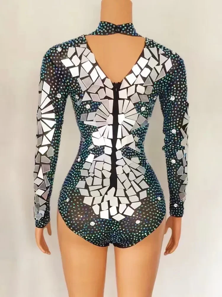 Fashion Silver Rhinestones Mirror Bar Nightclub Stage Crystal Bodysuit Performance Costume Women Birthday Celebrate Party Outfit