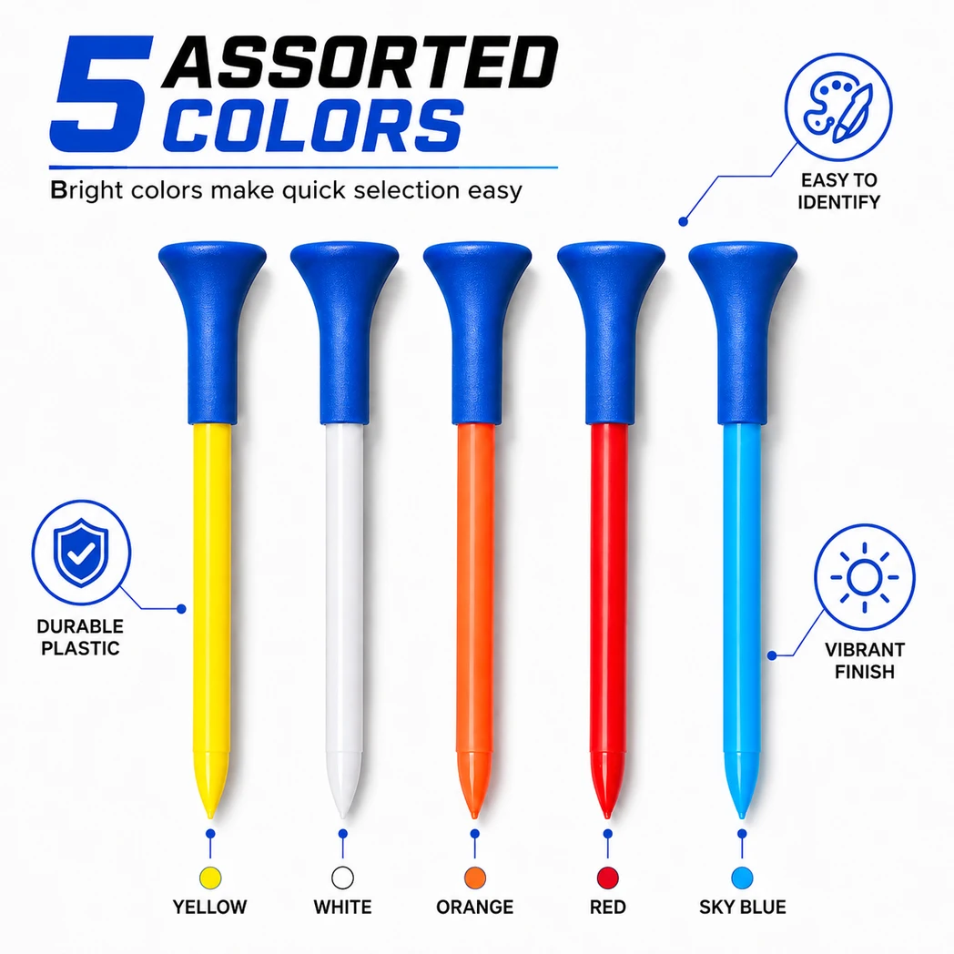 Caiton Plastic Golf Tees 5 Pack Reusable Golf Tee Set Colorful Wide Cup Top Golf Ball Holder for Practice Course Short Medium Lo