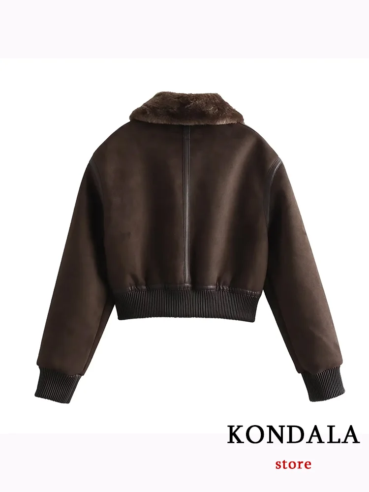 KONDALA Vintage Chic Brown Women Leather Jackets Zipper Pockets Warm Coats New Fashion 2023 Autumn Winter Female Outwear