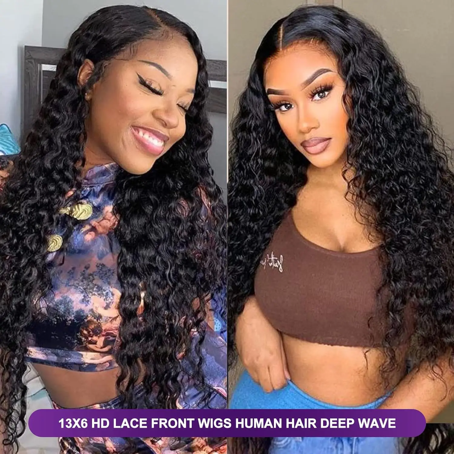 Wig Rambut Asli 13x6 HD Lace Frontal Hitam Alami Deep Wave 42 Inci Transparan Keriting 200% Density Untuk Wanita