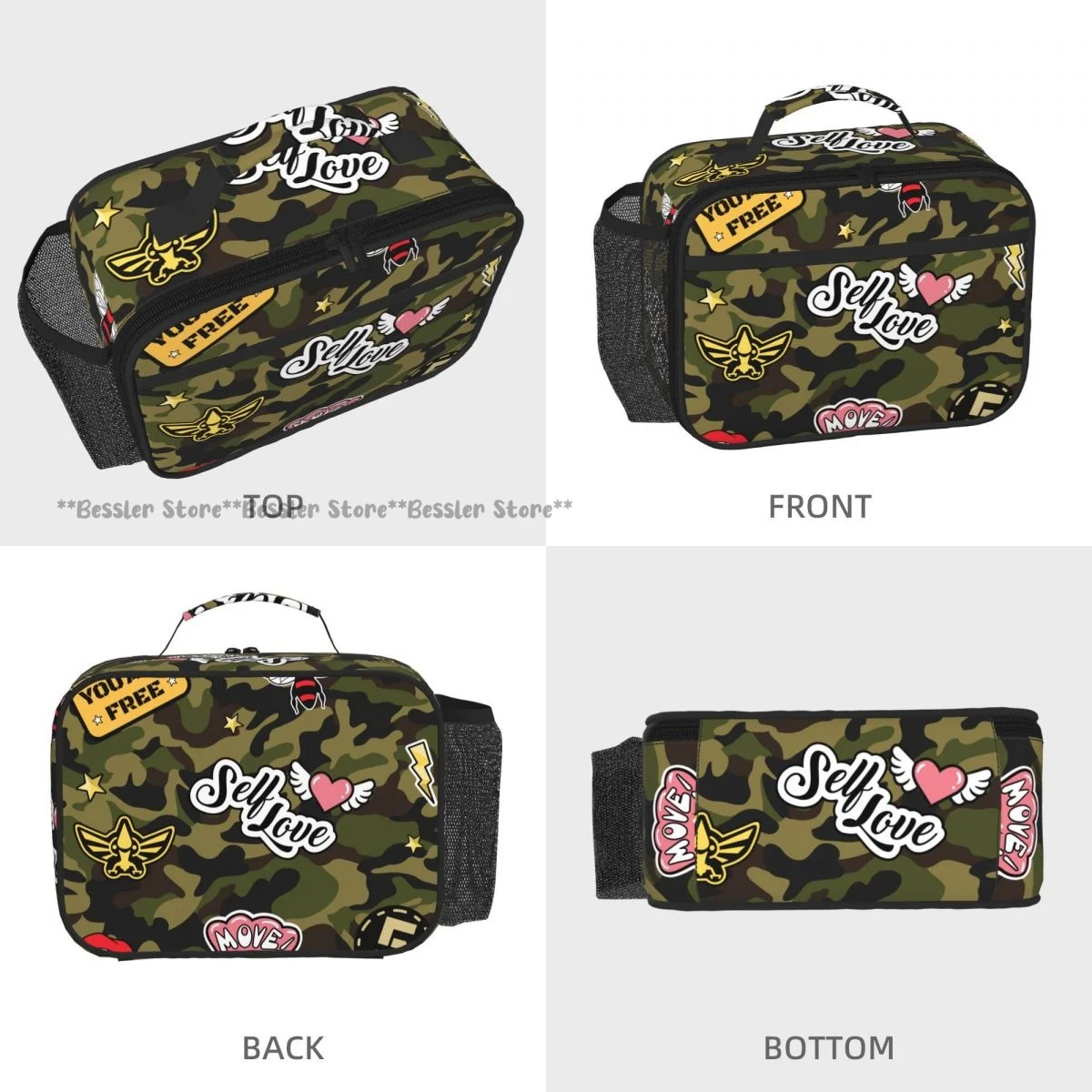 Camouflage With Cool Patches Tote Lunch Bag Insulated Cooler Bag Easy Clean Food Handbag for Daily Travel Picnic