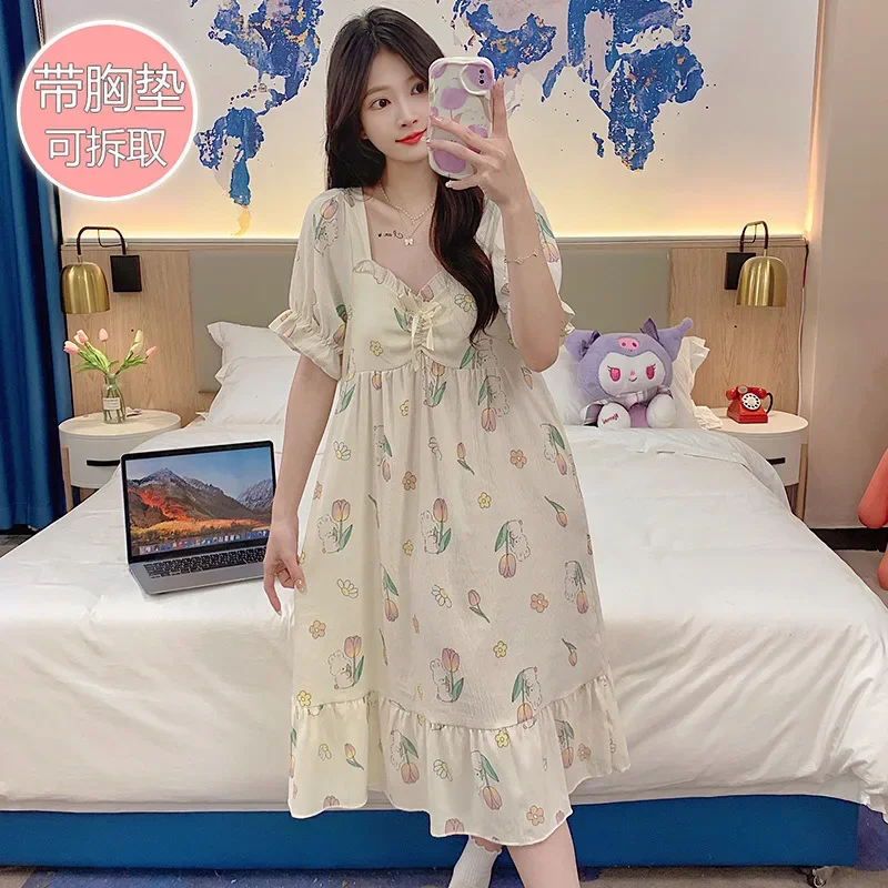 5XL Plus Size Pajamas Women Korean Sweet Print Short Sleeve Nightgown with Chest Pad Summer Loose Loungewear Can Be Worn Outside