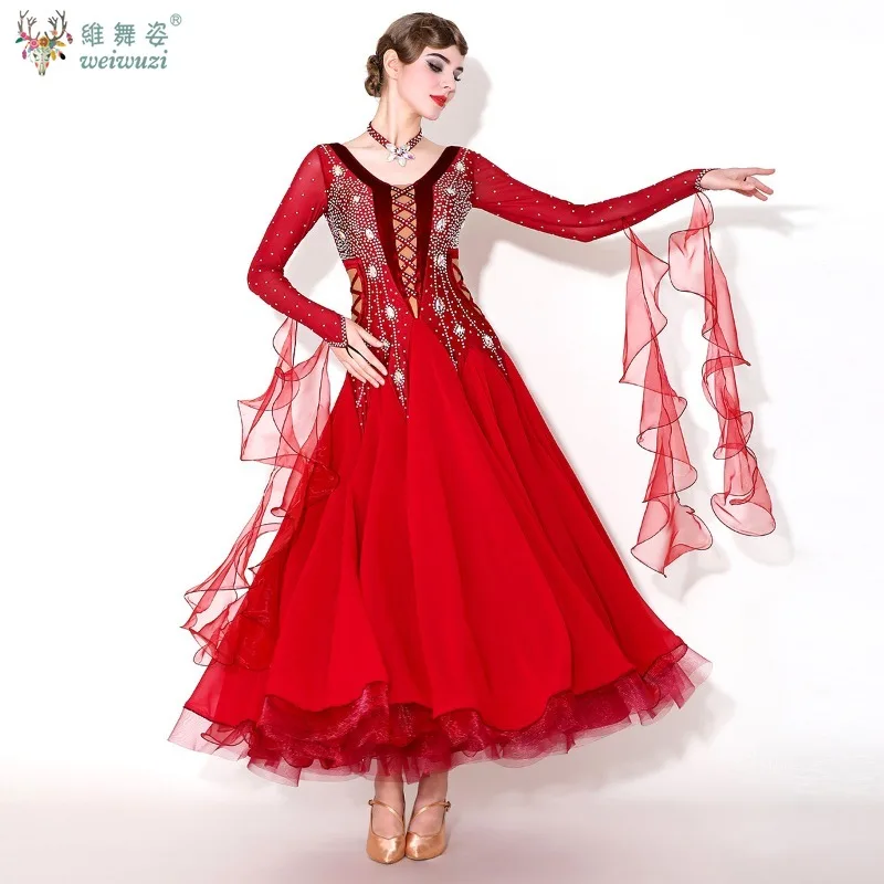 

The New Style Social Dance AB Stones Long Sleeves Burgundy Big Swing Dresses Women Adult Waltz Foxtrot Tango Quickstep Clothing