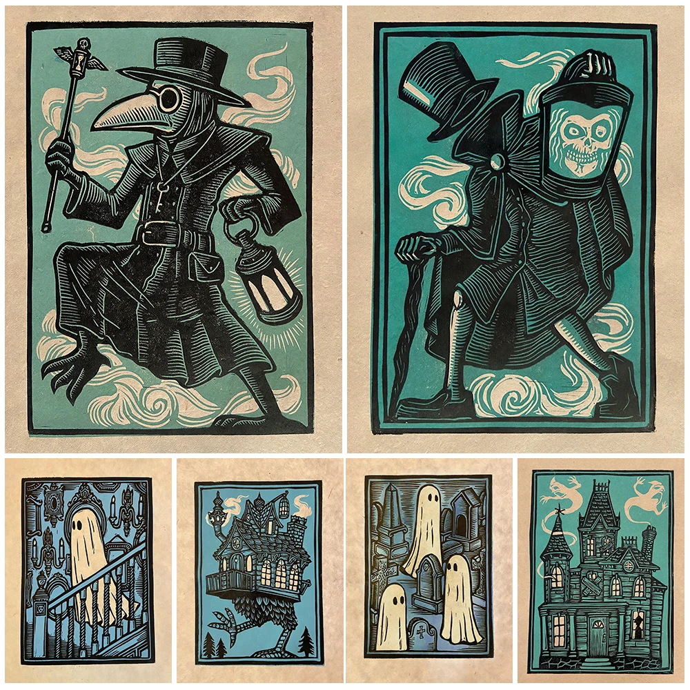 

Walking Witch Home And Ghost Haunted House Abstract Vintage Wall Art Canvas Painting Headless Wizard Art Poster And Print Decor