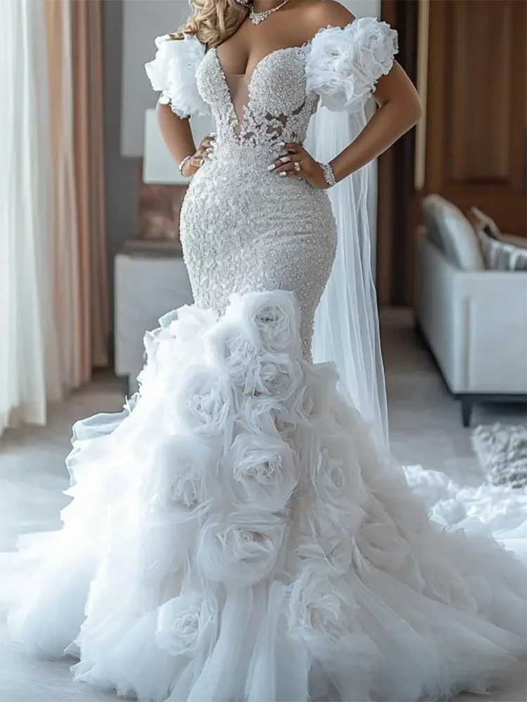 

Роскошные милые бисерные без рукавов из тюля с цветочным принтом Русалка Свадебные платья невесты Свадебные платья по индивидуальному заказу