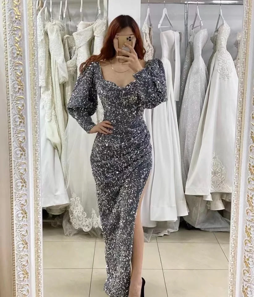 

Vinca Sunny Grey Velvet Sequins Mermaid Evening Dress Arabic Women Long Sleeve Occasion Dresses Sexy Slit Party Gowns Plus Size