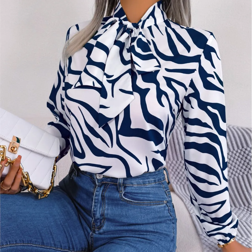 Women Blouse 2025 Spring And Autumn Contrast Stripe Lace Lantern Sleeve Chiffon Top Elegant Office Shirt Femme Blusas Y2K Cloth