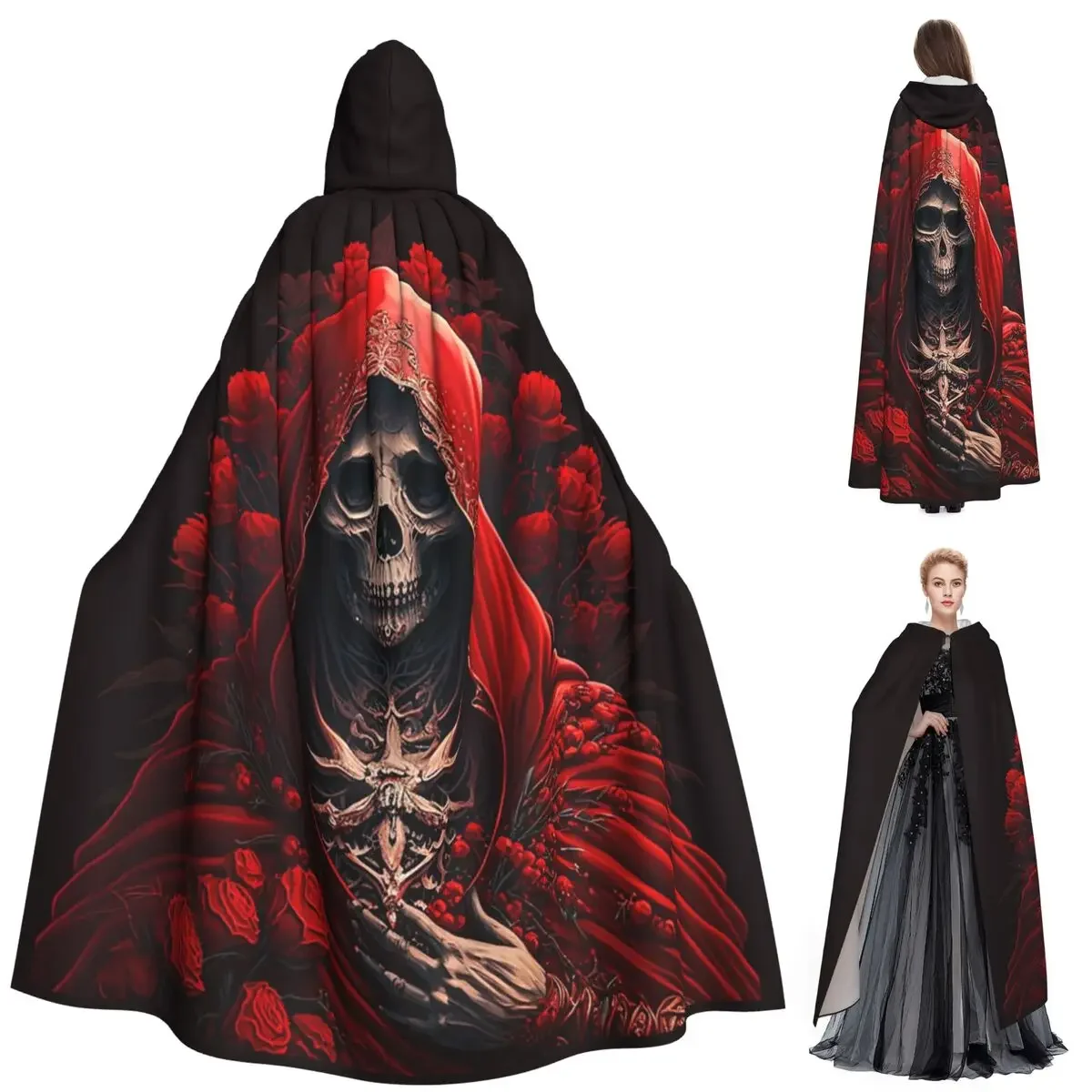 Custom Santa Muerte Saint Death Goth Mexican Muertos Skull Long Hooded Cloak Witch Medieval Costume Cosplay Cape HalloweenCoat A