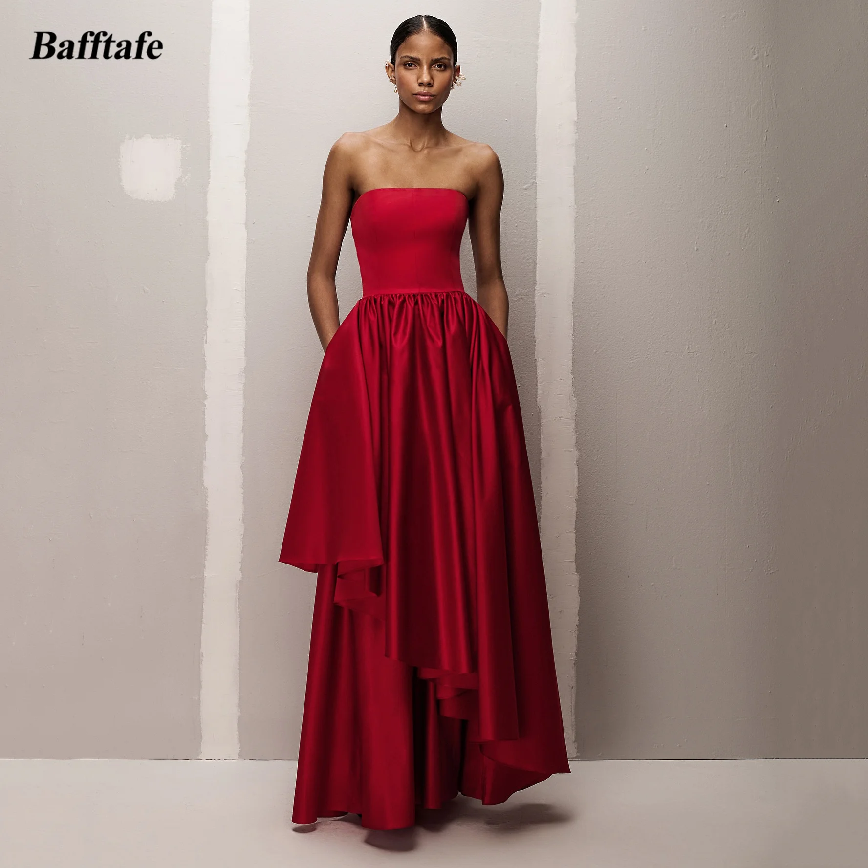 

Bafftafe Simple Saudi Arabic Prom Dresses Customized Strapless Draped Evening Party Dress With Pocket Women Occasion Gowns