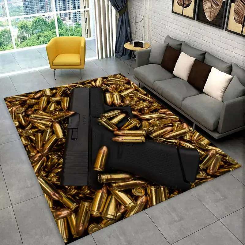 Metal Gun Bullet Military Equipment Pistol Large Area Rug Non-slip Carpet for Bedroom Living Room Sofa Doormat Home Decor Mat