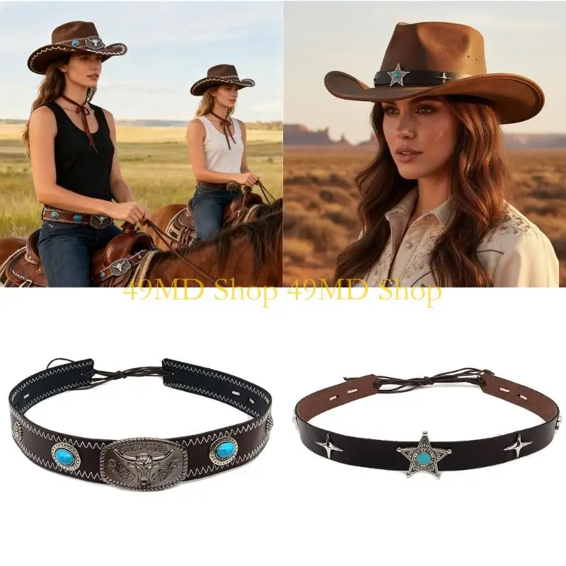 49MD Ethnic Stitched PU Hat Bands for Straw and Felt Fedoras Hats Panama Hat