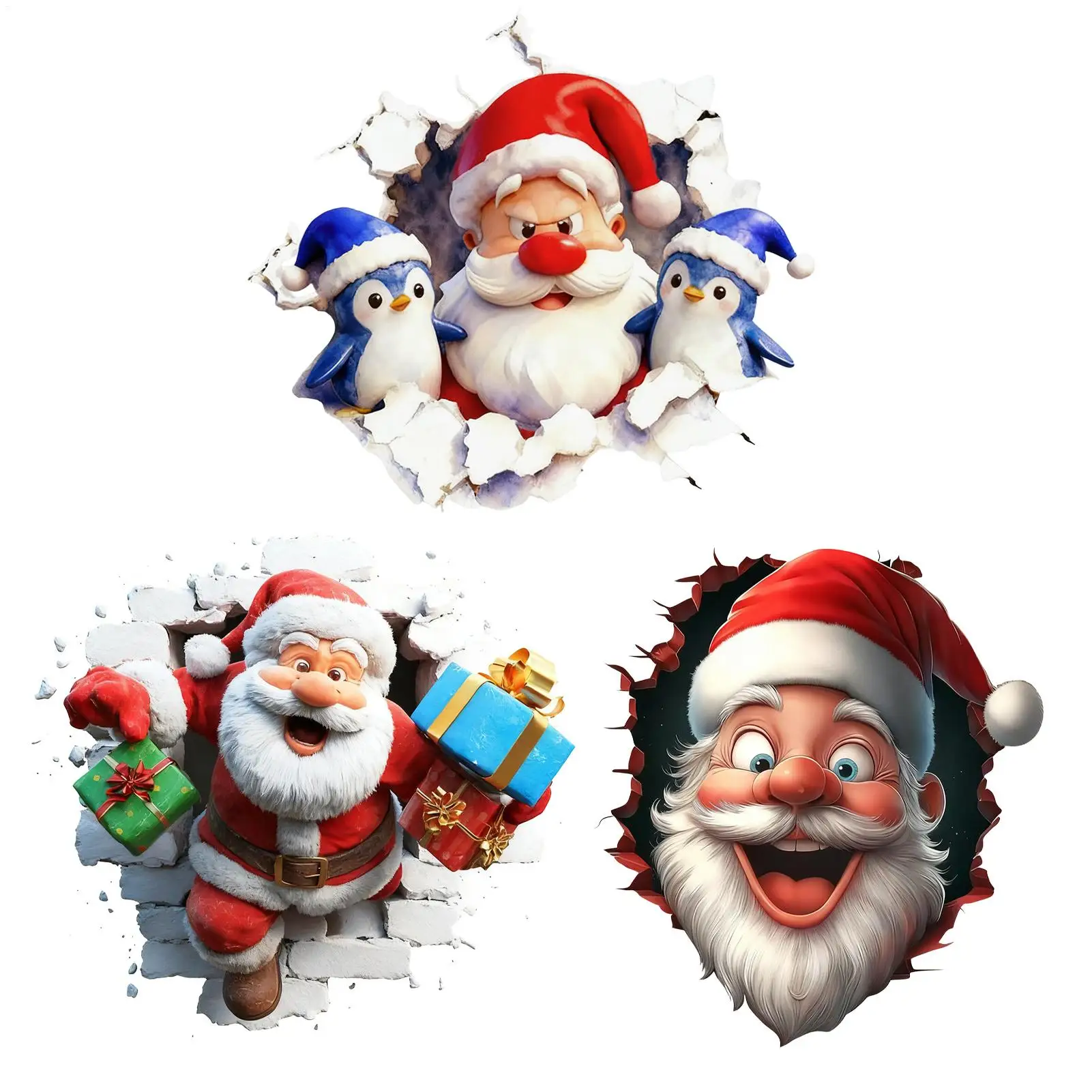 Wandbrechender Weihnachtsmann-Aufkleber, 3D-Effekt, zum Abziehen und Aufkleben, lustige Weihnachts-Cartoon-Aufkleber, Winterurlaub, Heimdekoration