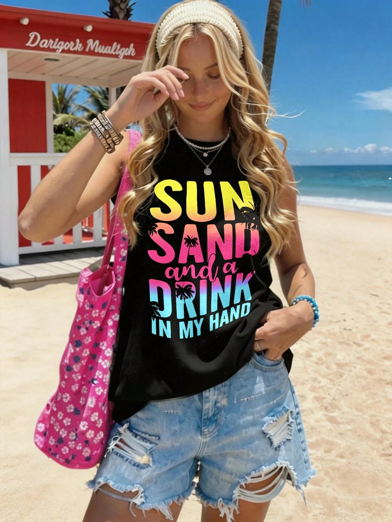 Lässiges und bequemes Damen-Tanktop im Urlaubsstil mit Palmen- und Buchstabenmuster, lässiges ärmelloses Tanktop