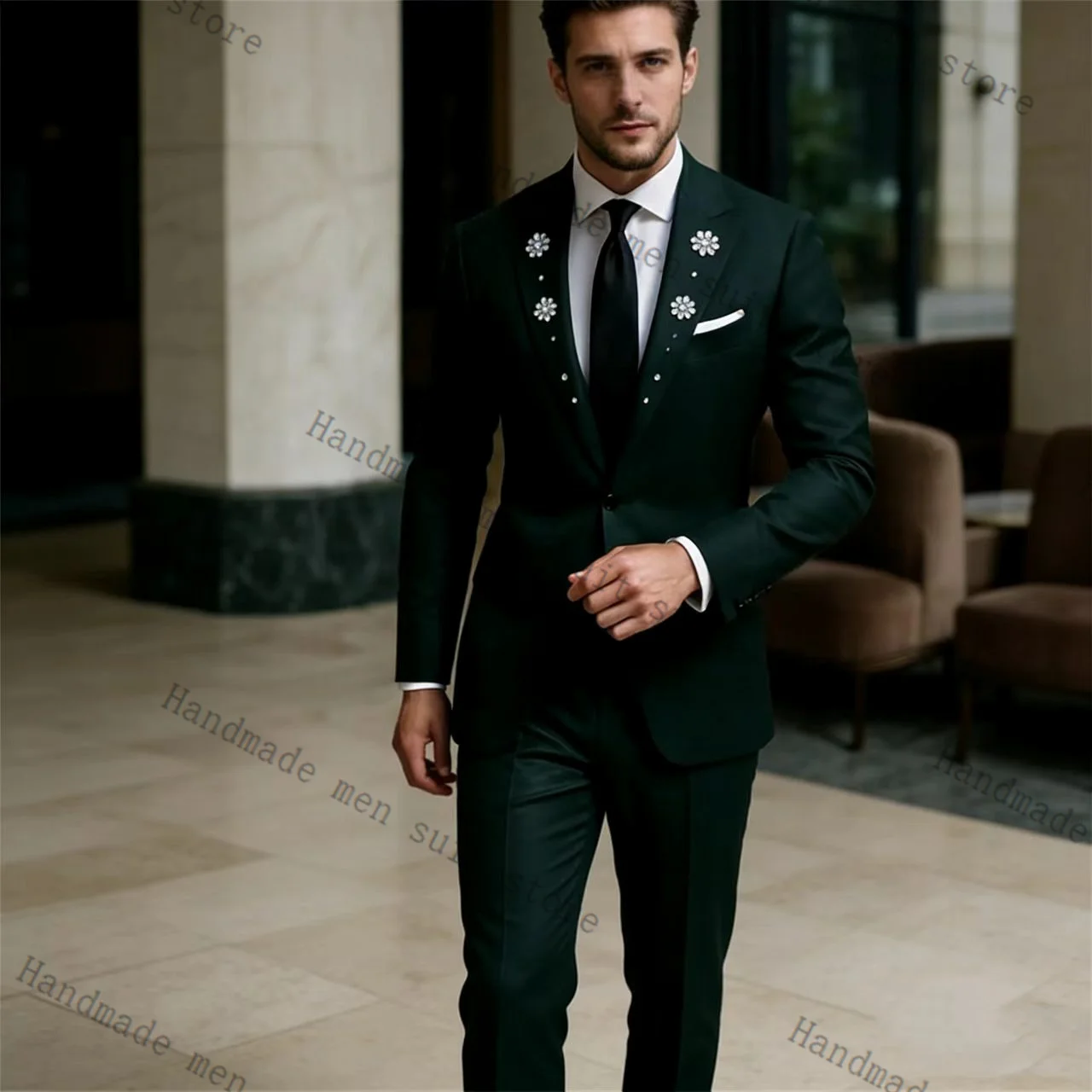 

Luxury Men Suits Pants Set 2 Pcs Green Blazer+Trousers Groom Cotton Wedding Tuxedos Jacket Formal Office Business Coat Outfit