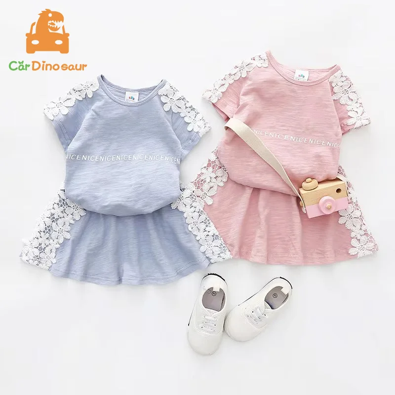 

2025 Summer 2 3 4 6 8 10 Years Kids Letter Print Short Sleeve Suits Lace Flower Patchwork T-Shirt+Skirt Girl Sports Clothing Set