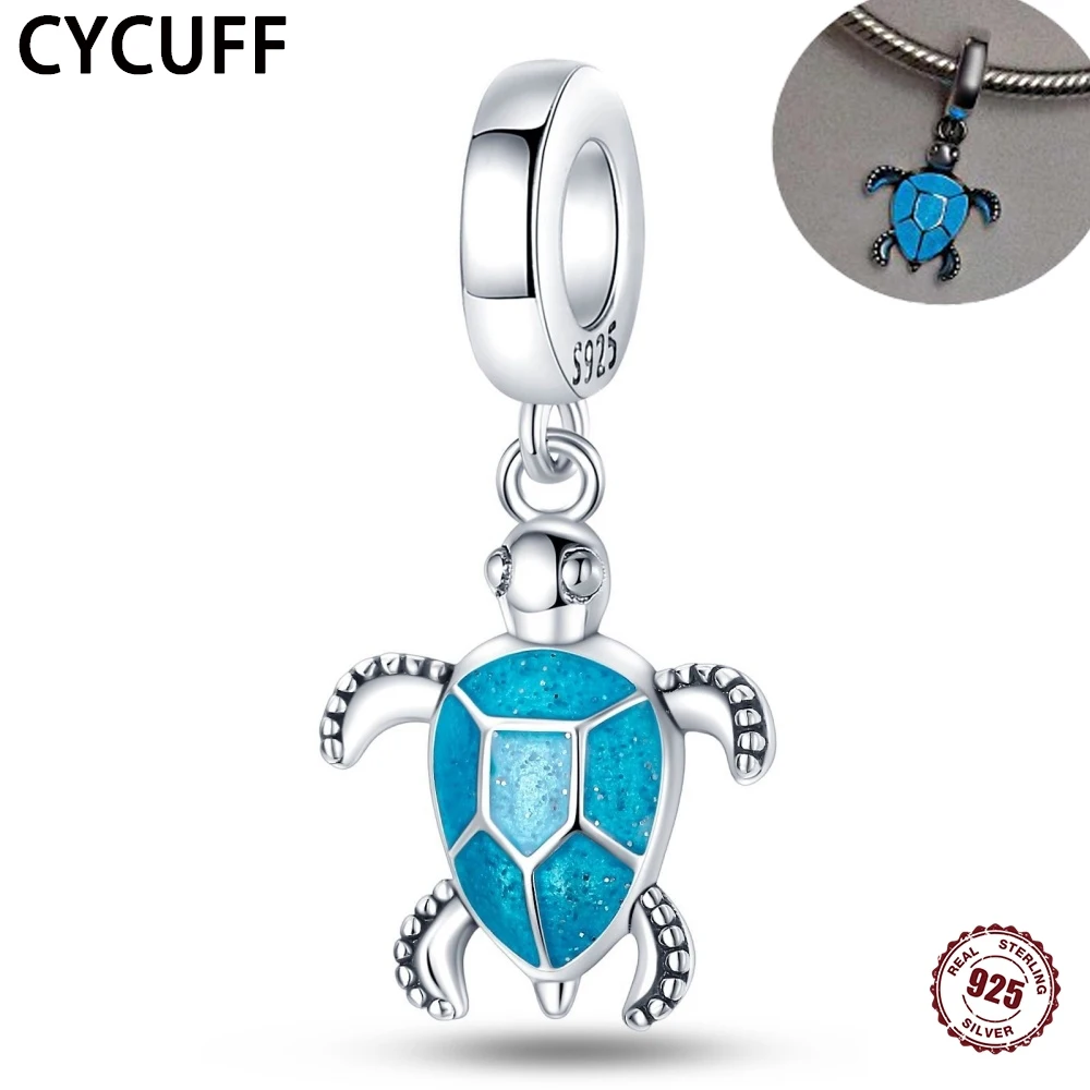 

CYCUFF 925 Sterling Silver Blue Luminous Turtle Pendant Charms Fit Original Bracelet Birthday Fine Jewelry DIY Gift For Women