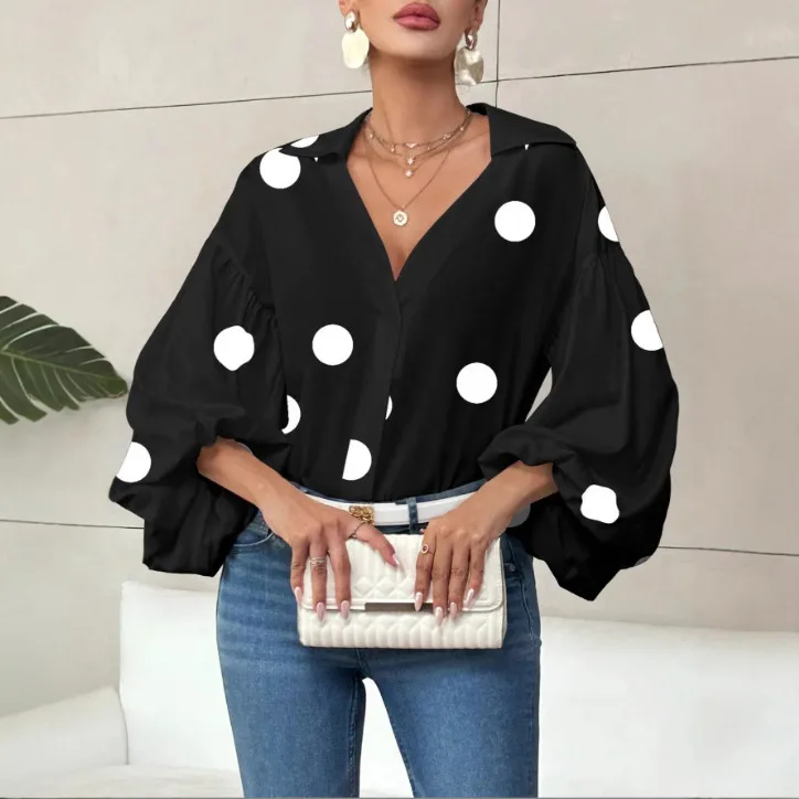 2025 Primavera Autunno Nuovo Alla Moda Polka Dot Mezza Colletto Camicia da Donna Casual Allentato Bolla a maniche lunghe Ufficio Magliette E Camicette Femminile