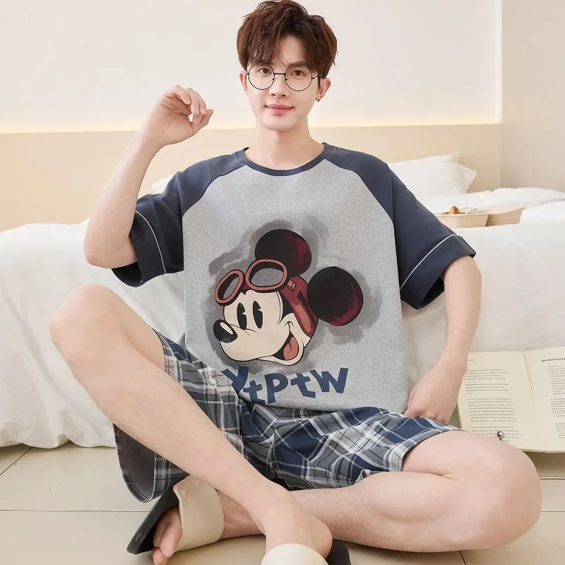 

Plus Size Disney Mickey Mouse Print Pajamas Set for Men Summer New Cartoon Short Sleeve Loungewear Kawaii Casual Men's Sleepwear