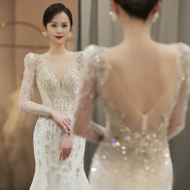 Fashionable Wedding Dress Fishtail Sexy Open Back V-Neck Stereoscopic Waist Strap Sequin Beads Classical Full Sleeved Trailing