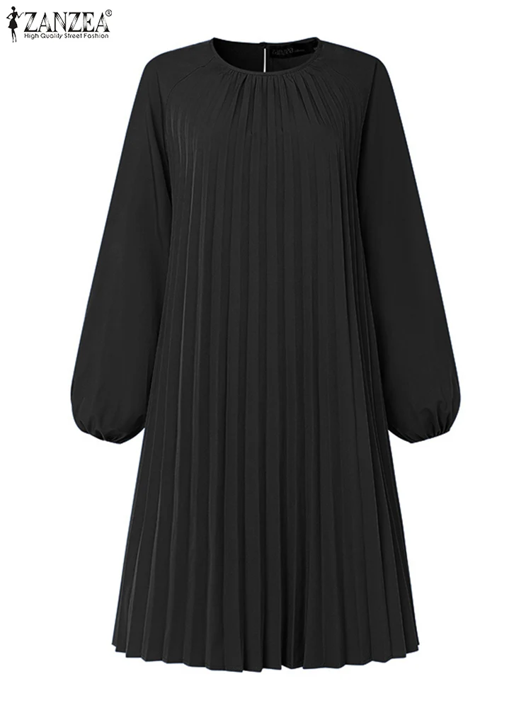 Fashion Women Long Lantern Sleeve Party Dress ZANZEA Autumn Sundress Spring Solid Pleated Dress Elegant A-line Holiday Vestidos