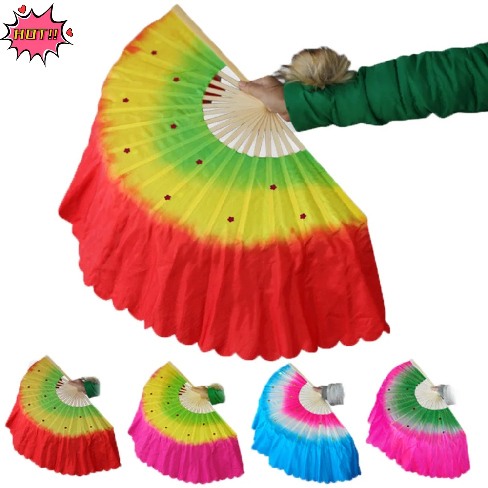 1 par de abanicos chinos de bambú de 31 cm para danza del vientre, con seda de medio círculo de 16 cm, 10 estilos, abanicos de bambú coloridos para niños