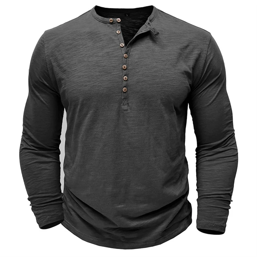 2024 New Men\'s 100% Cotton Henley T-Shirt Long Sleeve Shirt Basic Retro Casual T Shirts Button Washed Worn V-neck Men Clothing