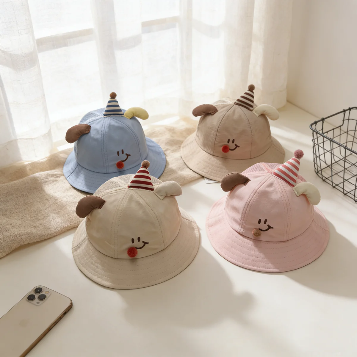 Cute birthday-themed embroidered face mask for red pompom cake hat decoration with a semi-net fishing hat. Suitable for parties. view 5