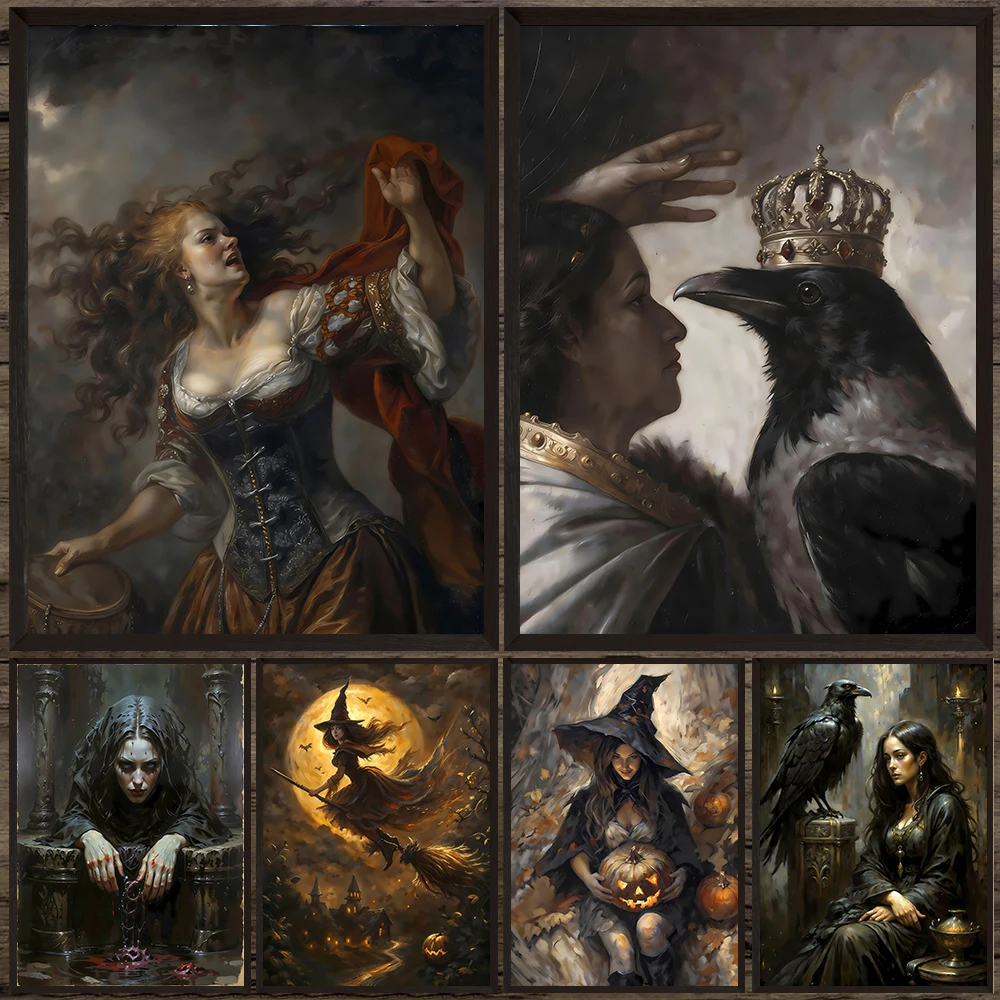 Victorian Woman Portrait Moody Gothic Wall Art Canvas Painting,Princess And Raven,Sorrowful Banshee And Witch Art Poster Print