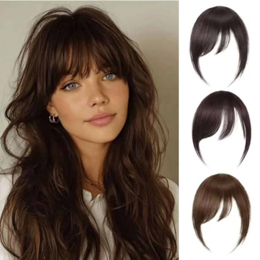 

Long Side Bangs Hair Clip - 100% Real Human Hair Clip-In Extensions Dark Brown Straight Fake Fringe with Temple Thick Swept Ban