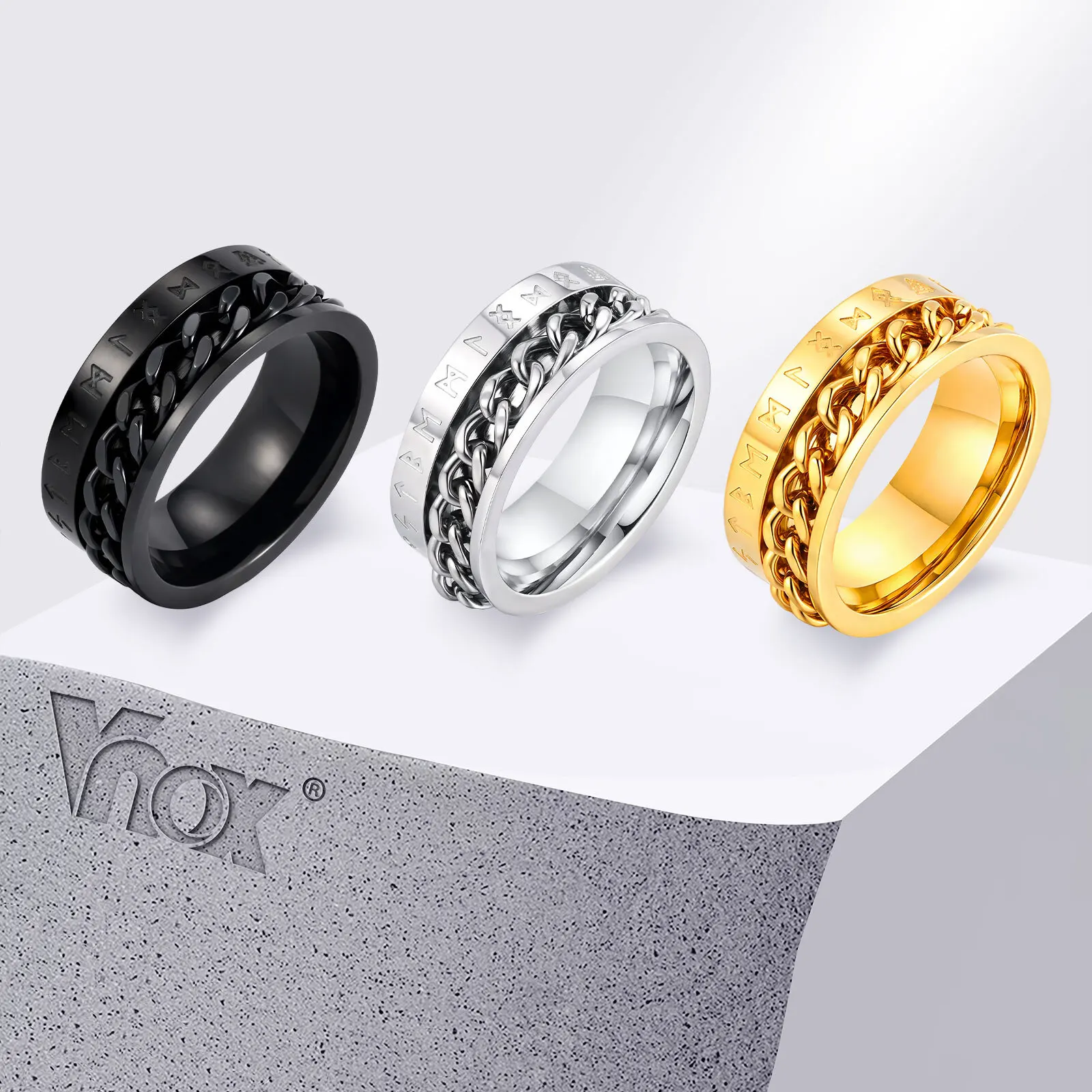 

Vnox Men's Stainless Steel Viking Rune Turnable Chain Ring, Black/Gold/Silver Color 8mm Width Ring Gifts for Husband Son Father‌