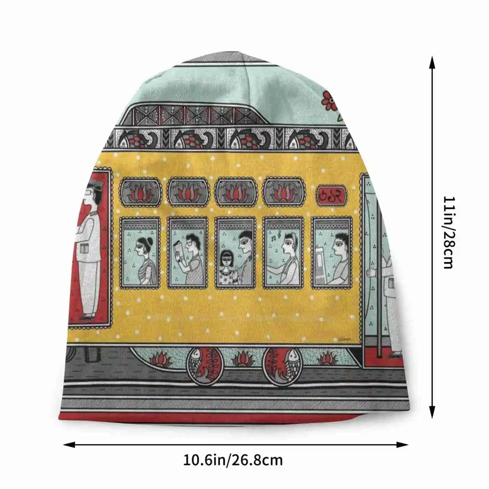 Calcutta Tram In Madhubani Indian Folk Art Knitted Hat Warm Beanie Outdoor Caps Tram Madhubani Indian Folk Mithila Vehicle