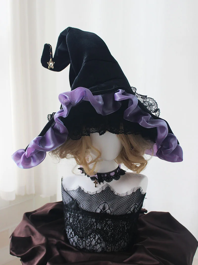 Sombrero mágico de ala grande hecho a mano Original, sombrero de bruja gótico oscuro de Lolita, sombrero de bruja duro para chica de Halloween