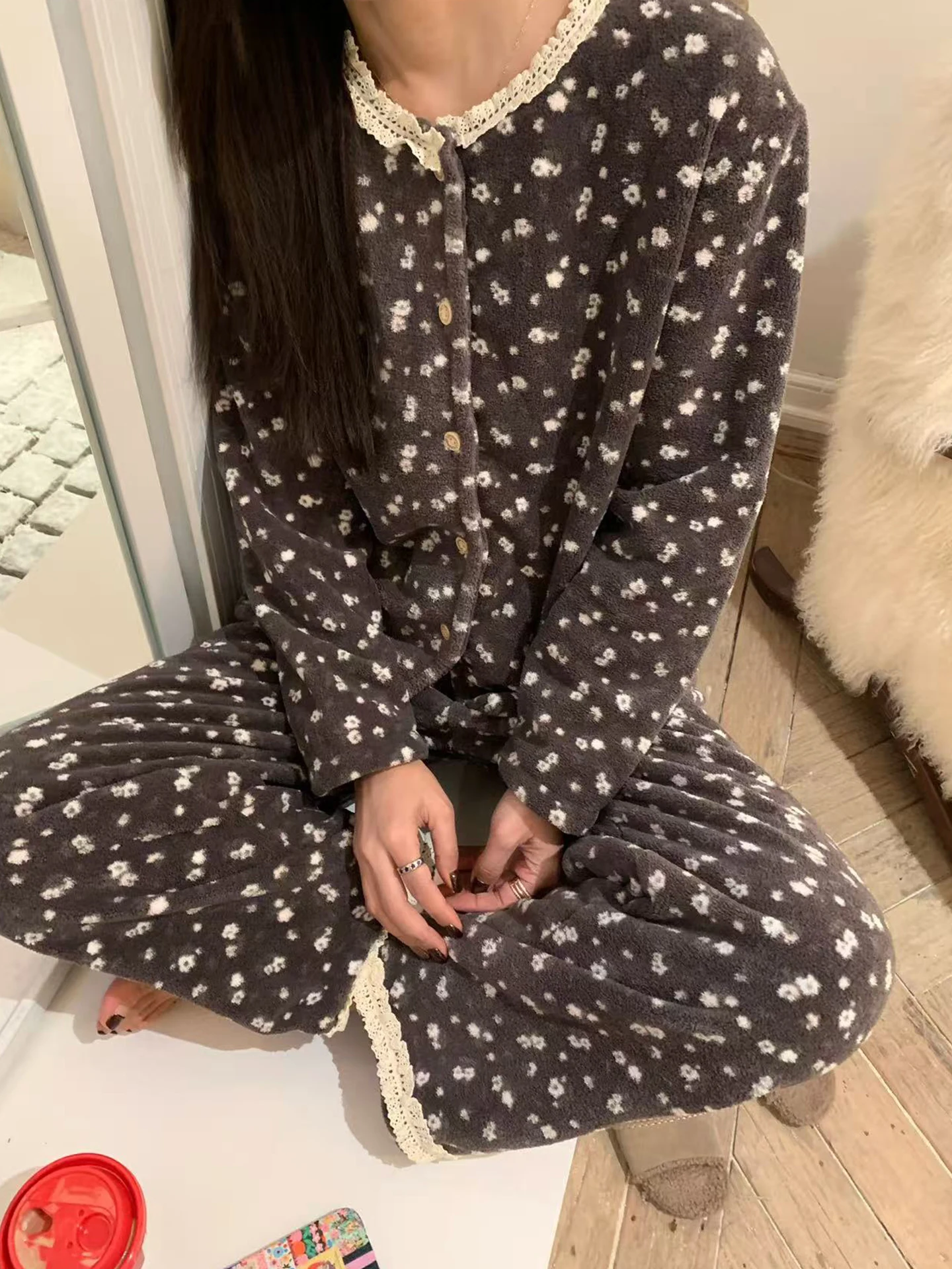 

Fluffy Soft Pajama Set Home Clothes Floral Print Long Sve Casual Sle Winter Collection Women's Faion Two-Piece Suit