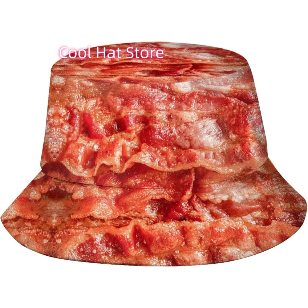 

Bacon 15 Funny Food Pattern Bucket Hats Outdoor Summer Fisherman Cap Travel Beach Hat Packable Sun Hat for Women Men