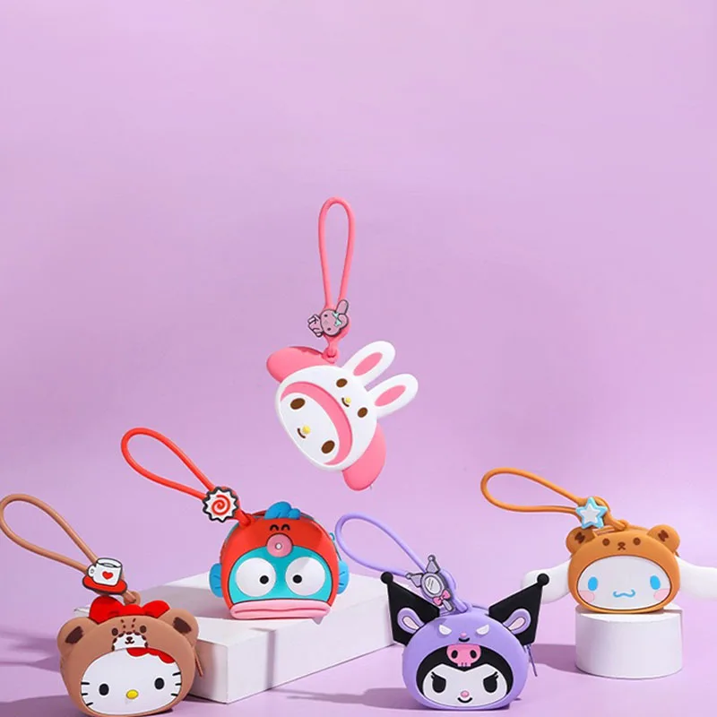 

Kawaii Kuromi Hello Kitty My Melody Silicone Earphone Storage Bag Anime Sanrio Girl's Heart Cute Backpack Pendant Coin Purse