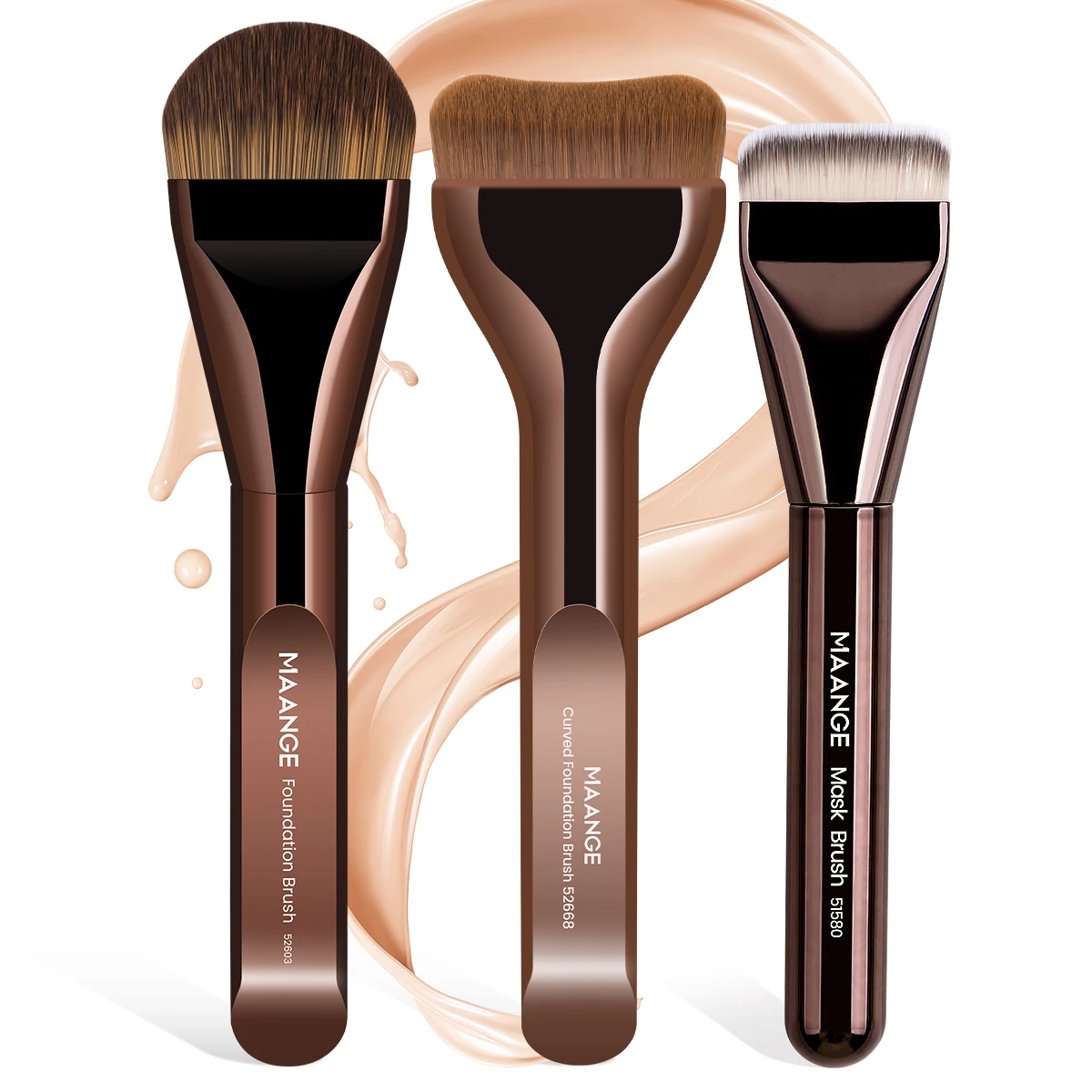 MAANGE Juego de 3 Brochas de Maquillaje con Tubo de Aluminio, Brocha para Base de Maquillaje, Brocha Delgada para Base, Brocha Kabuki, Herramientas de Maquillaje para Chicas