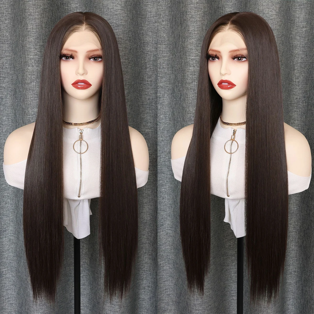 Extra Long Straight 13x6 Lace Front Human Hair Blend Heat Resistant Fiber Wigs Women Light Brown Free Part Hairstyle Soft