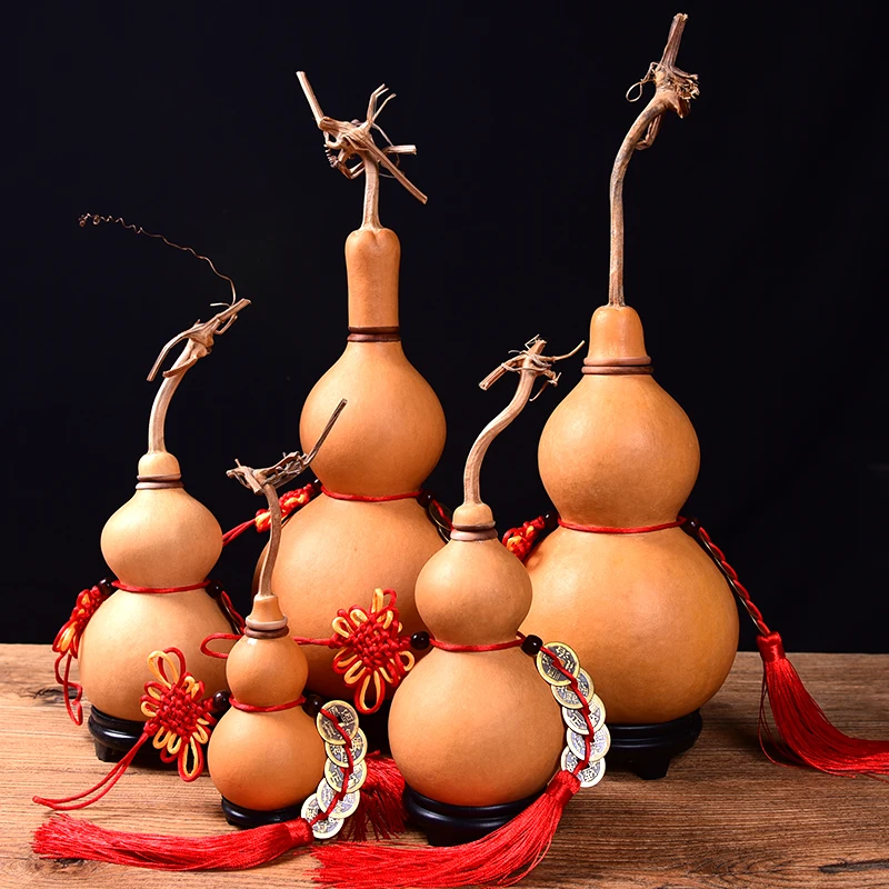 Traditional Chinese Natrual Gourd Good Luck Wu Lou Natual Dry Hu Lu Wooden Cucurbit Fengshui Bagua Hanging Amulet Decent Gift