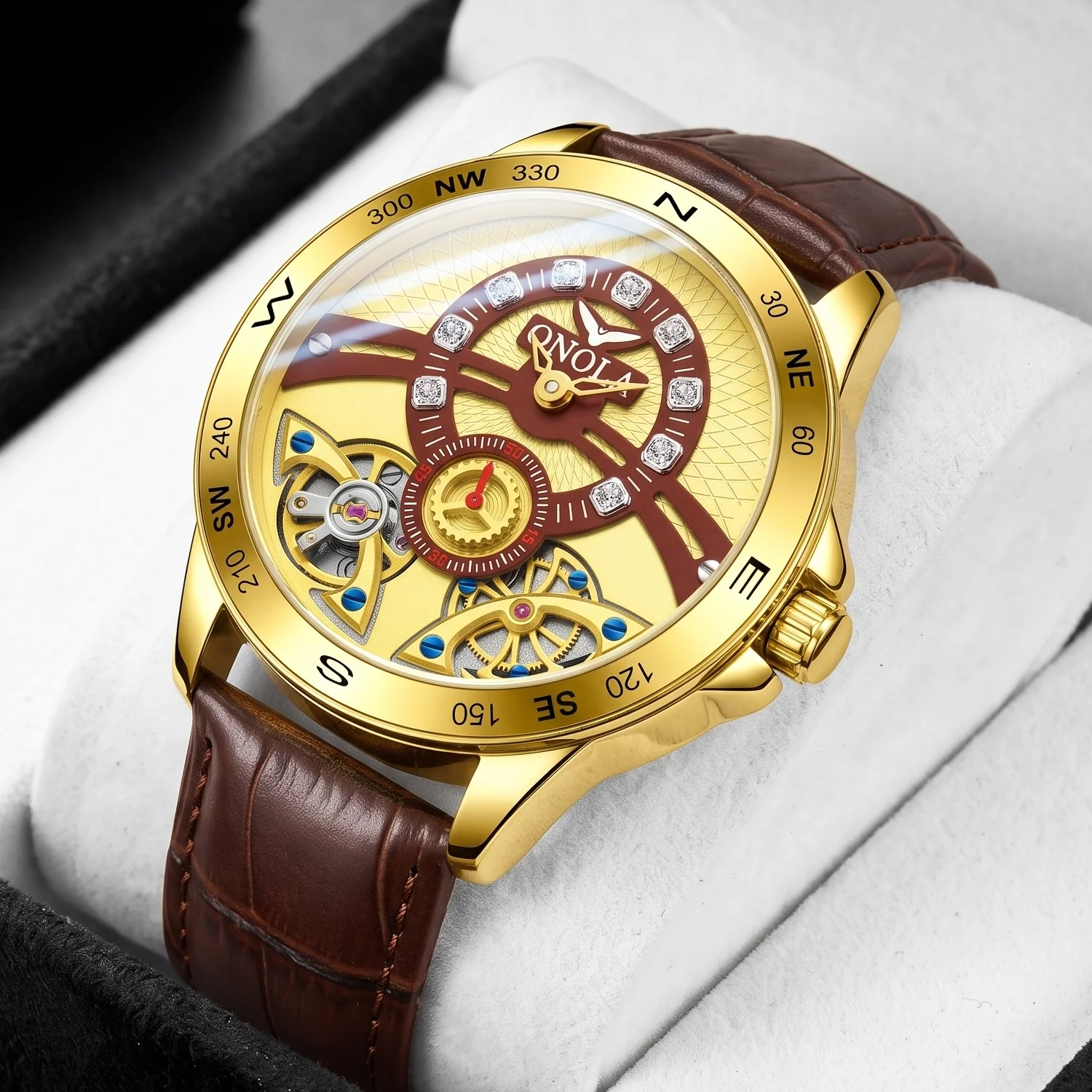 ONOLA men's automatic mechanical watch, compass bezel, hollow skeleton dial, rhinestone decoration, business and leisure watch