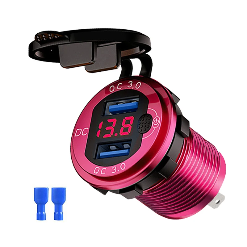Snellader Aluminium QC3.0 Dual USB-autolader met schakelaarknop LED-spanningsweergave voor 12V / 24V auto's boten motorfiets