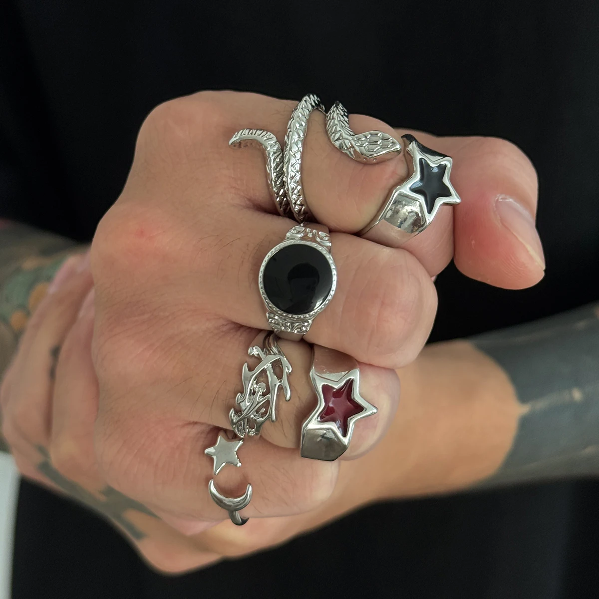 SHIXIN 6Pcs New Gothic Snake Open Rings Set for Men Punk Irregular Stars Adjustable Knuckle Ring Halloween Jewelry Accessories